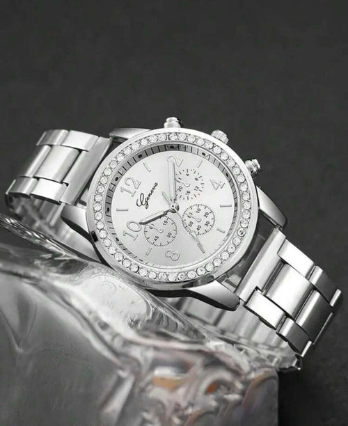 4 Pieces Lady's Silver Stainless Steel Strap Classic Quartz Watch Jewelry Set